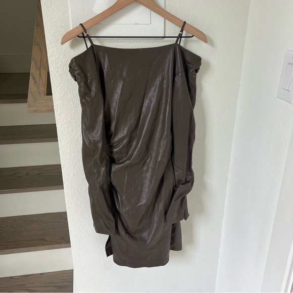 Nanushka Moha Faux Leathet Long Sleeve Off the Shoulder Mini Dress in Brown - Picture 7 of 10